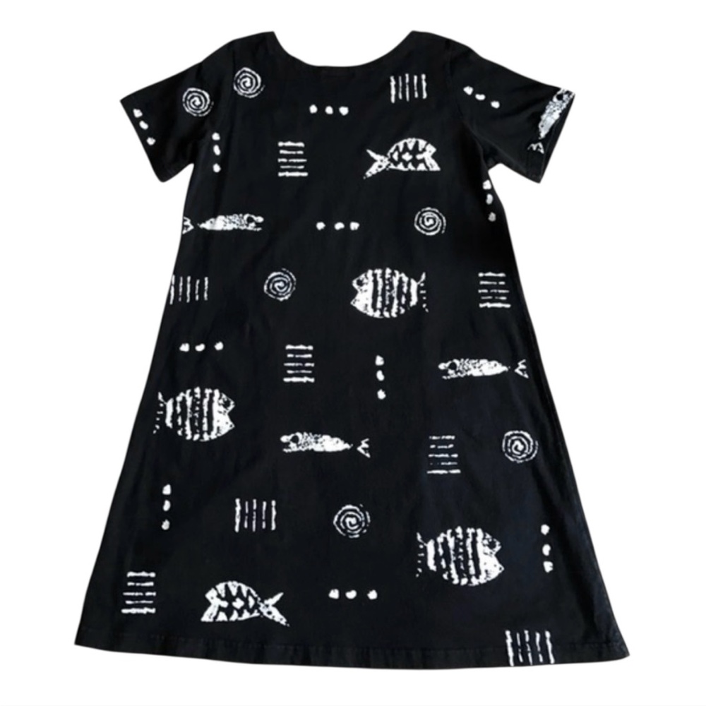 M. Mac Dress Size M Petite Black Fish Print Vintage Artsy Whimsy Tunic Dress